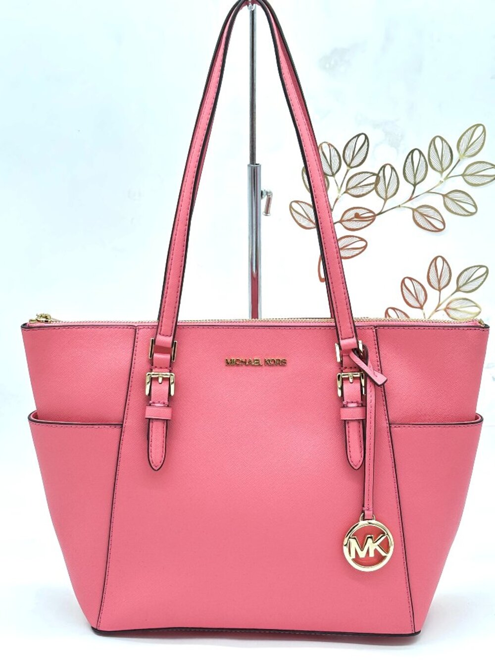 Michael Kors Pink/Coral Color Large Saffiano Leather Top Zip Tote Bag NWOT